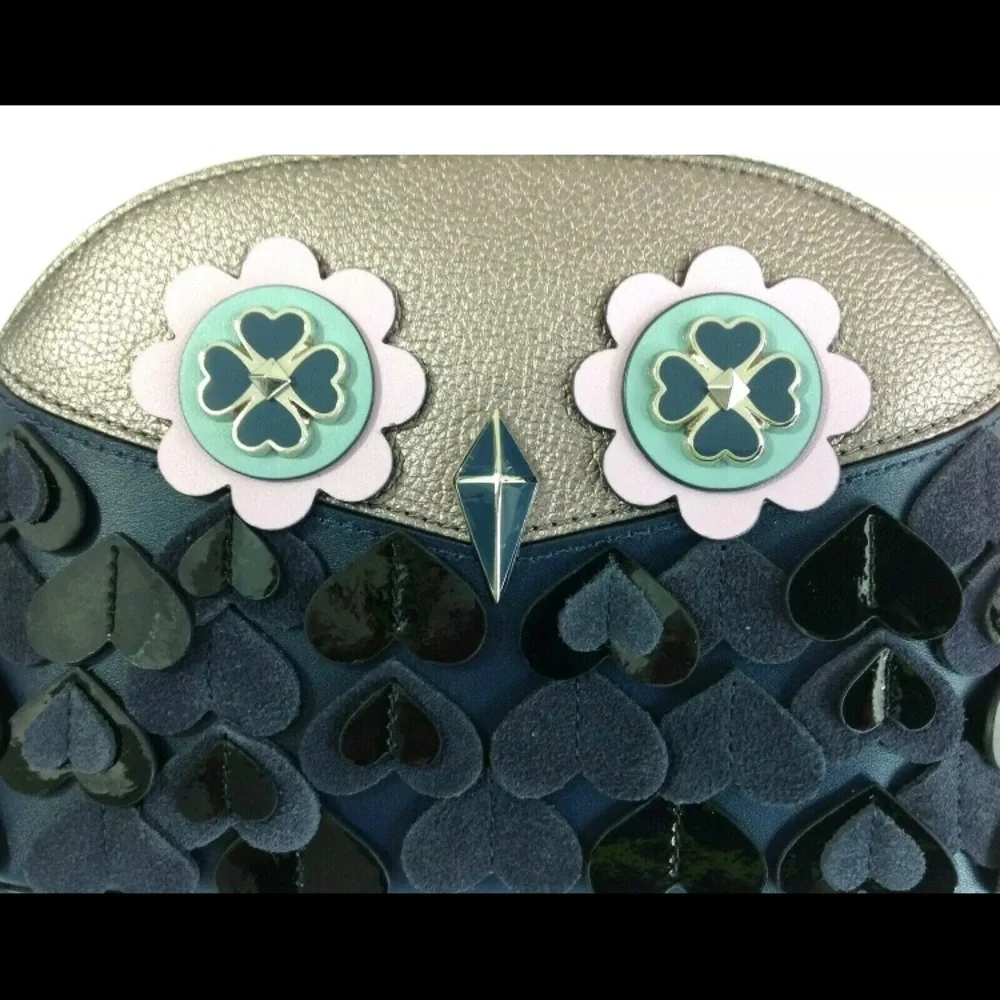 NEW Women Leather Kate Spade Medium Dome Cosmetic Blue Gray Lilac OWL, N…